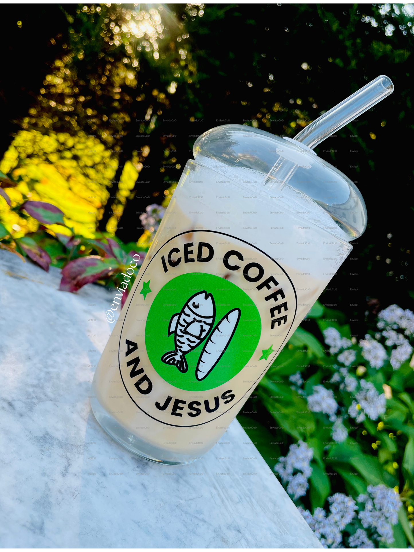 16 oz Dome Lid Iced Coffee Matcha Cold Drinks Glass Tumbler "Iced Coffee and Jesus"