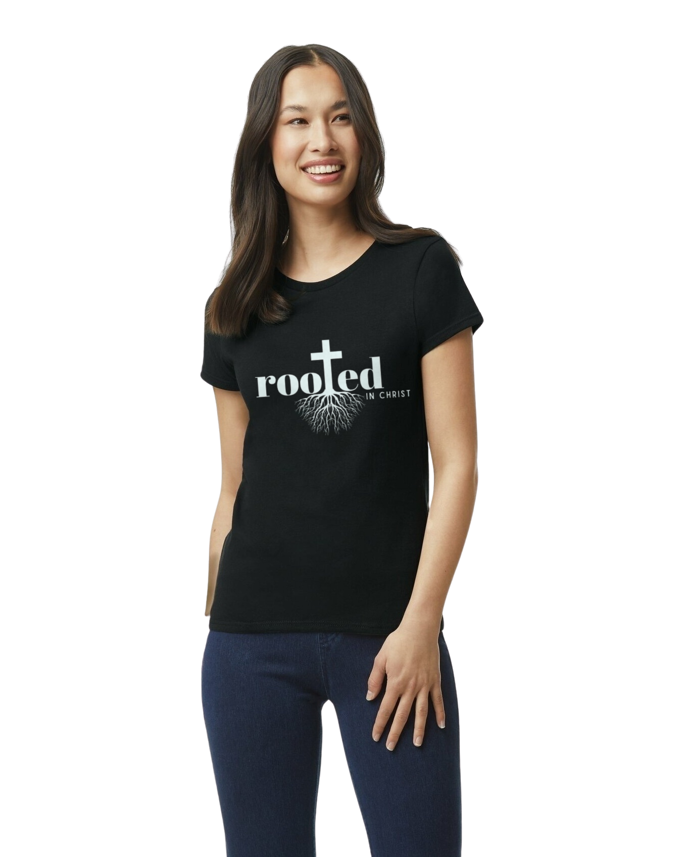 Women's Rooted in Christ T-Shirt Black Colossians 2:7