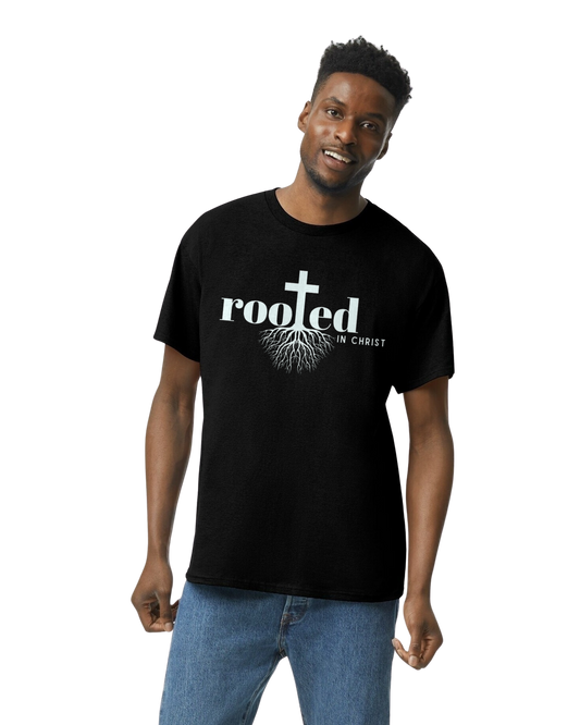 Men's Rooted in Christ Cotton T-Shirt Colossians 2:7