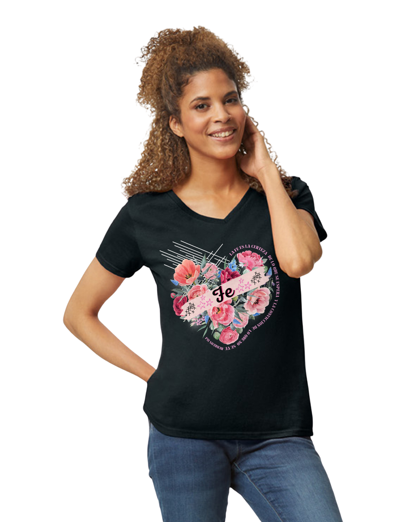 "FE" Camiseta con cuello V , corazon floral Hebreos 11:1