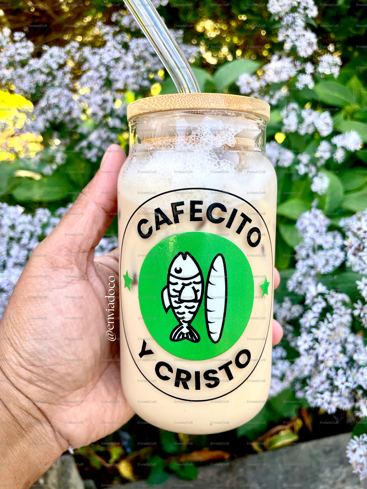 16 oz Bamboo Lid Iced Coffee Matcha Cold Drinks Glass Tumbler "Iced Coffee and Jesus"