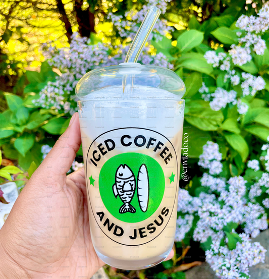 16 oz Dome Lid Iced Coffee Matcha Cold Drinks Glass Tumbler "Iced Coffee and Jesus"